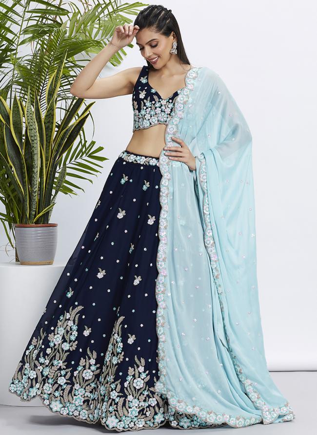 Poly Georgette Navy Blue Party Wear Sequins Work Lehenga Choli